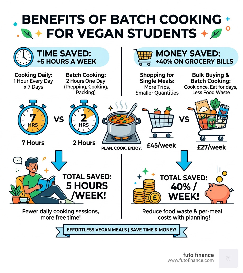 infographic showing the benefits of batch cooking: save 5 hours a week and 40% on grocery bills - simple vegan student