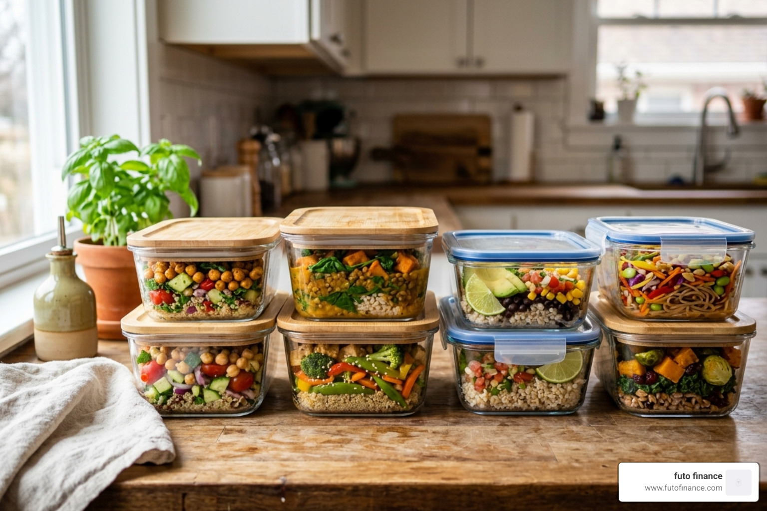 Organized glass meal prep containers filled with colorful home cooked vegan meals - home cooked vegan meals