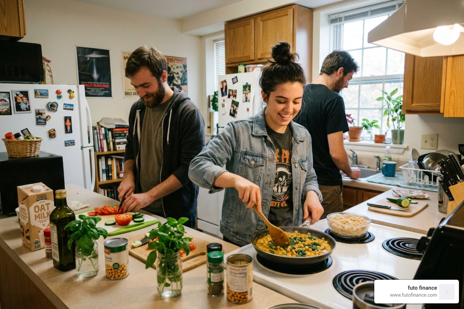 an organized dorm pantry with canned beans, grains, and nut butters - fast vegan college dinners