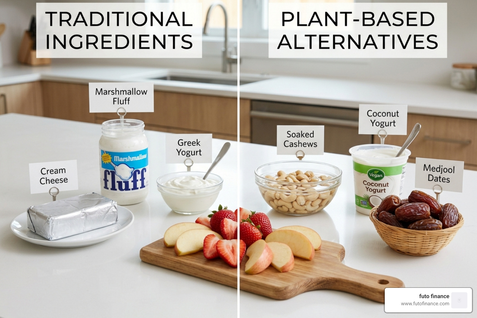 comparing traditional dairy ingredients versus vegan plant-based alternatives - easy vegan fruit dip
