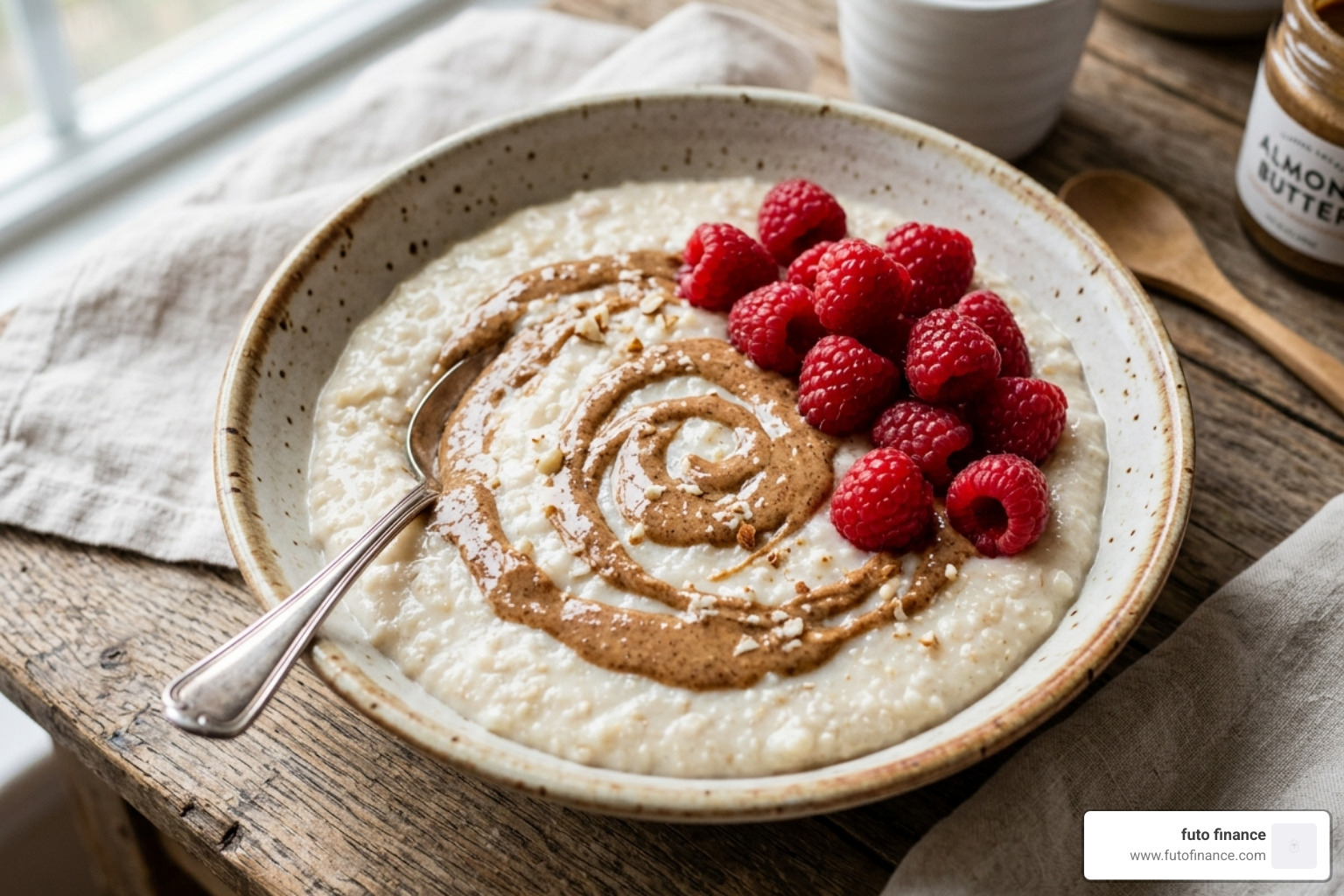 Creamy porridge topped with raspberries and almond butter - coconut flour porridge vegan