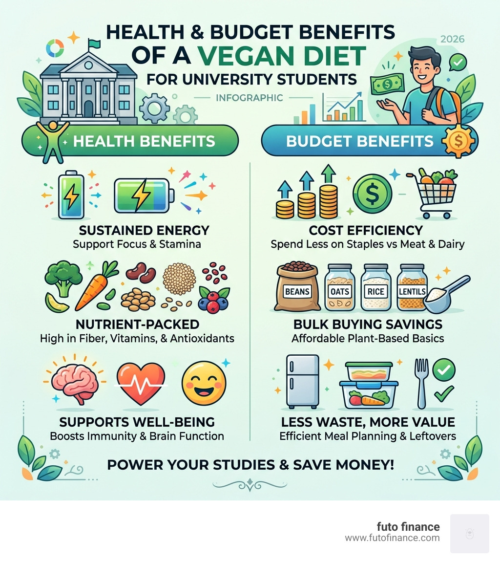 health and budget benefits of a vegan diet for university students infographic - easy vegan recipes university infographic 