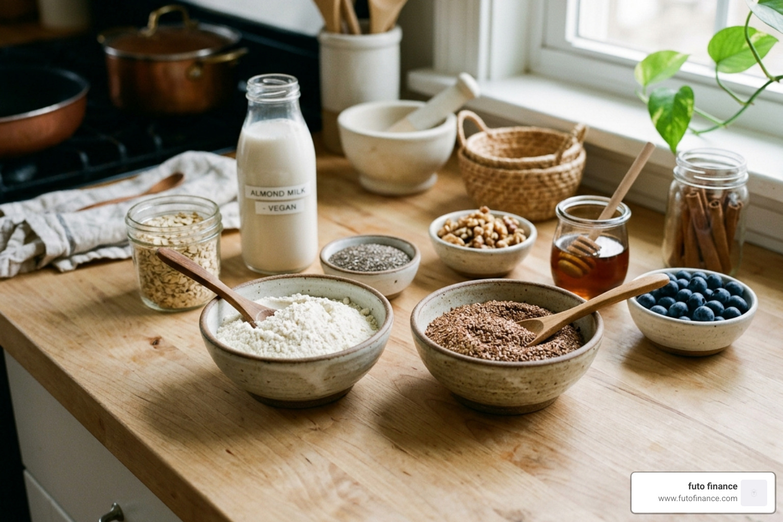 Mise en place with coconut flour and flaxseed meal - coconut flour porridge vegan