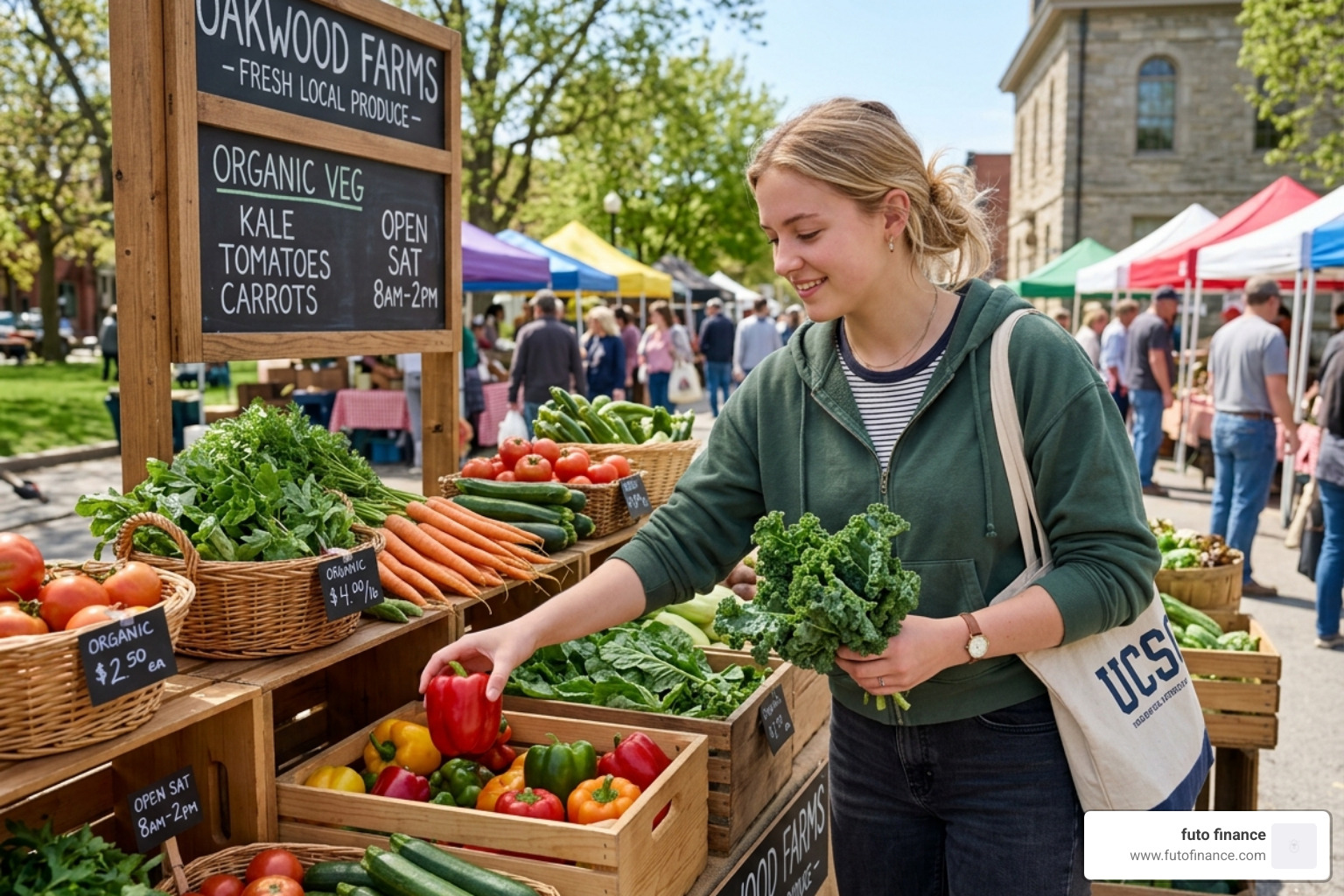 student at a local farmers market selecting fresh produce - fast vegan college dinners