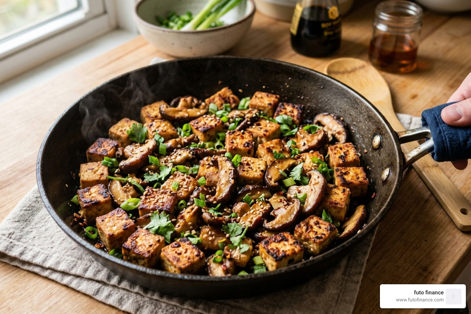 A skillet of crispy pan-fried tofu cubes and sliced shiitake mushrooms - vegan rice noodle recipes