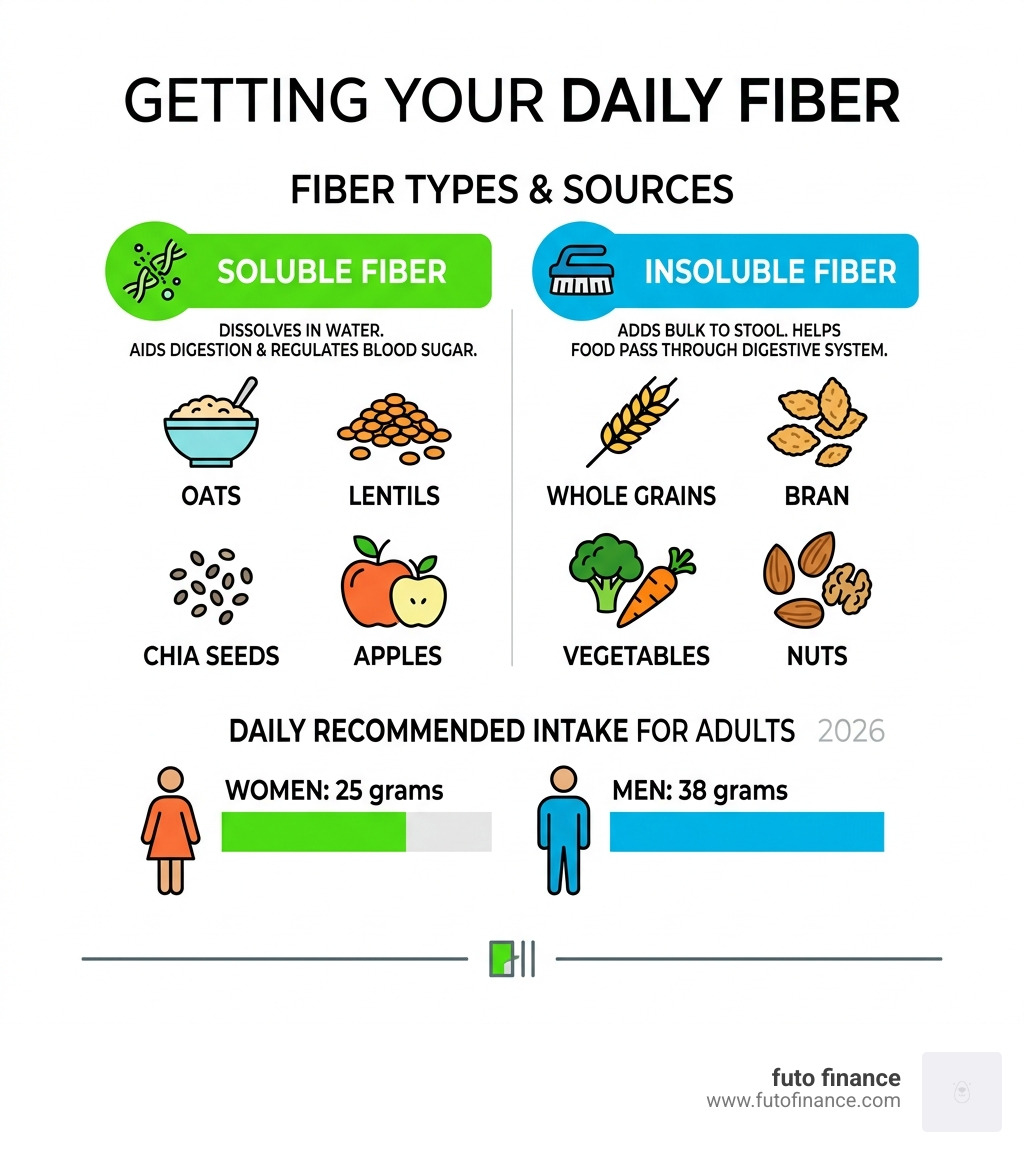 infographic showing soluble vs insoluble fiber sources and daily recommended intake for adults - high fiber vegan recipes