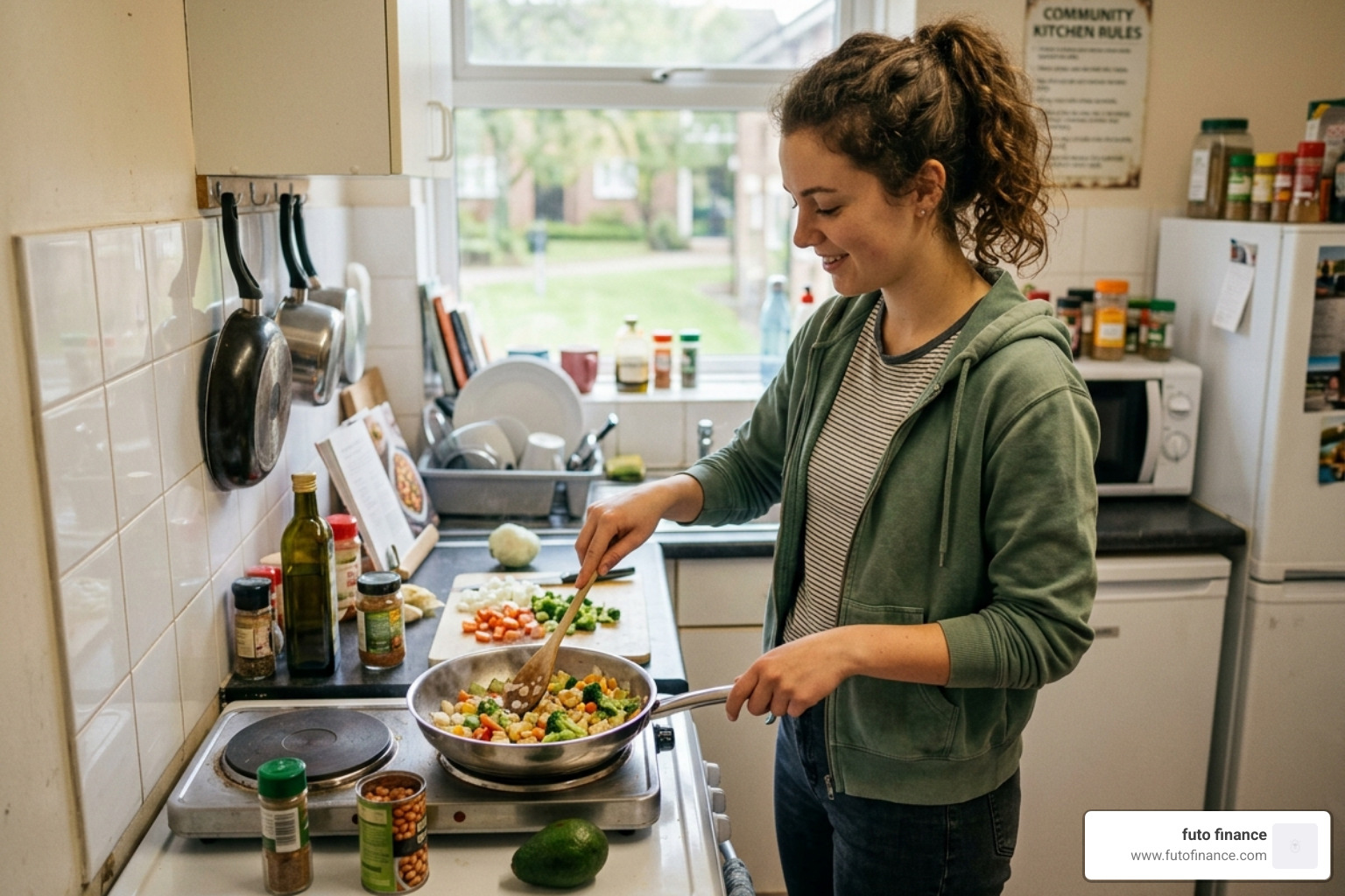 A student cooking a simple vegan meal in a small dorm kitchen - home cooked vegan meals