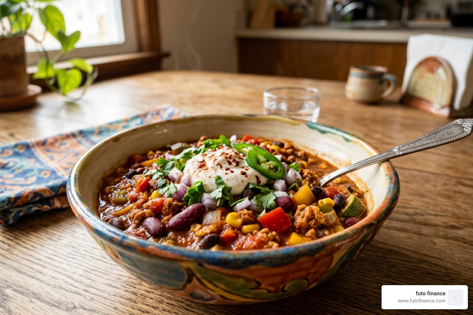 a microwave-friendly vegan chili in a colorful ceramic bowl - simple vegan student recipes