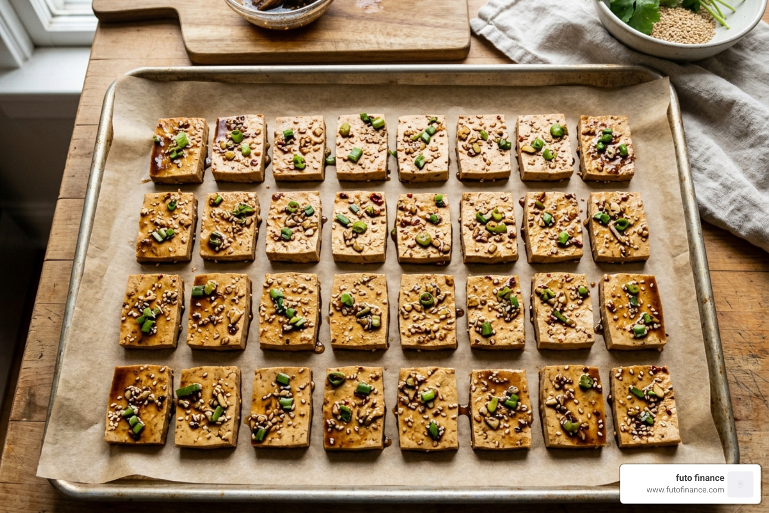 marinated tofu slices arranged on a parchment-lined baking sheet - baked marinated tofu