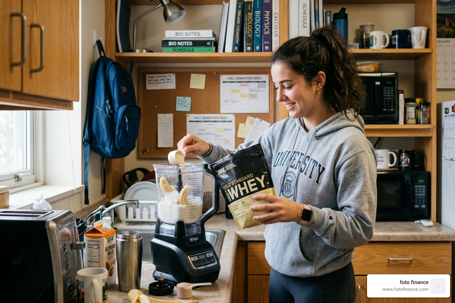 student preparing a protein shake in a dorm kitchen - plant protein powder for weight loss