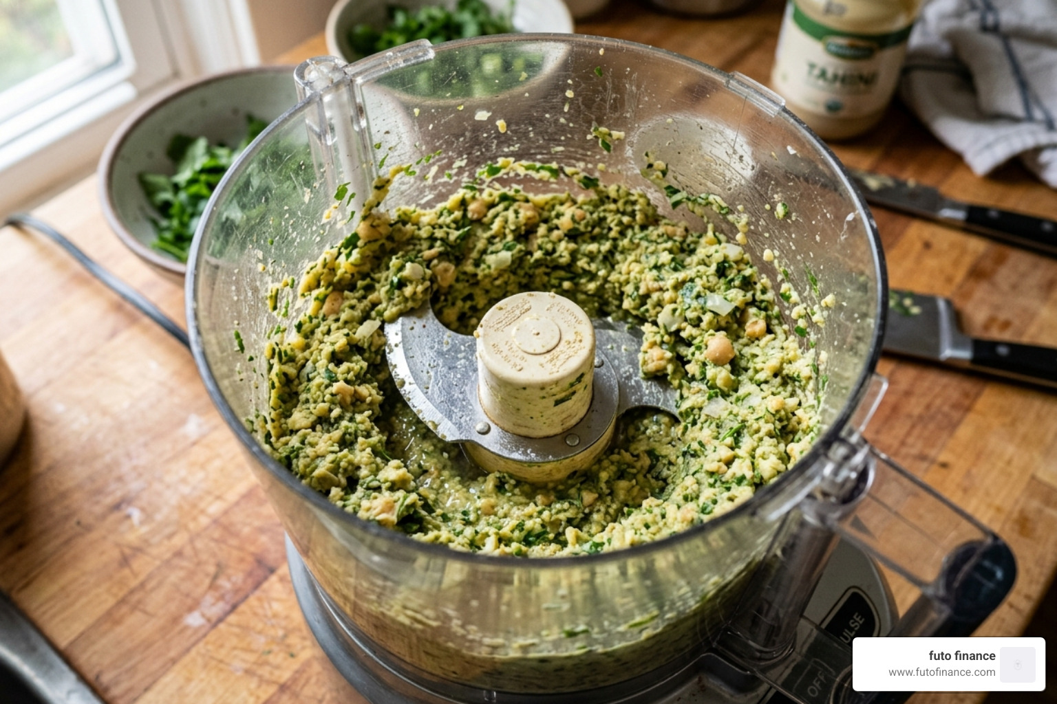 falafel mixture in a food processor showing a coarse, green-flecked texture - simple vegan falafel recipe