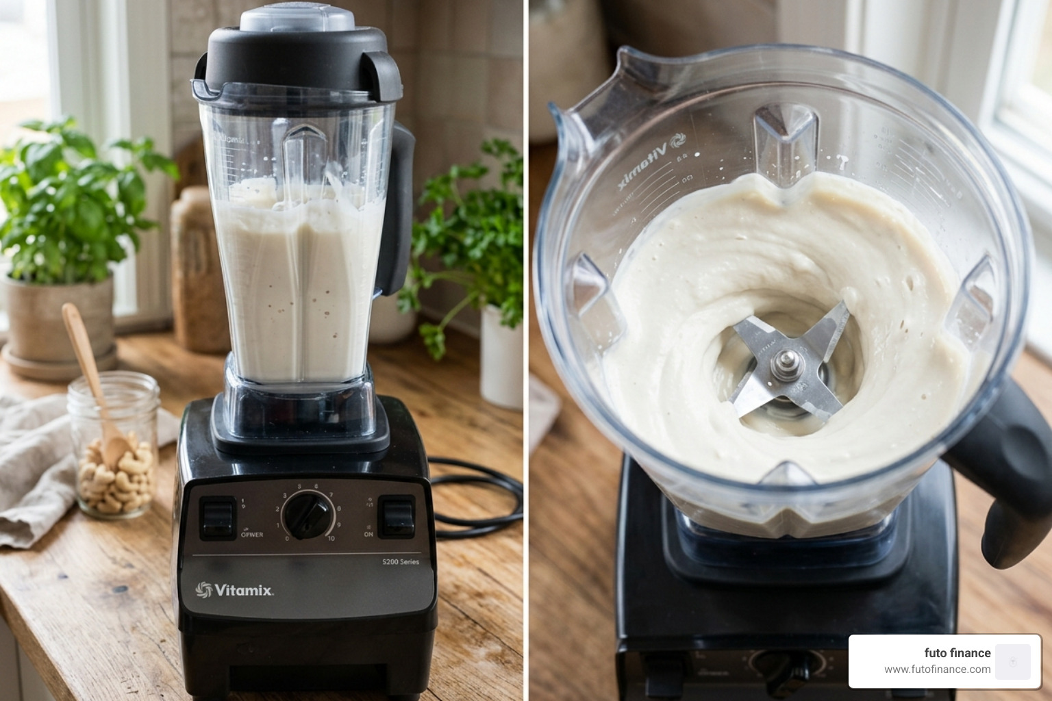 A high-speed blender containing a smooth and creamy white cashew sauce - easy vegan spinach artichoke dip