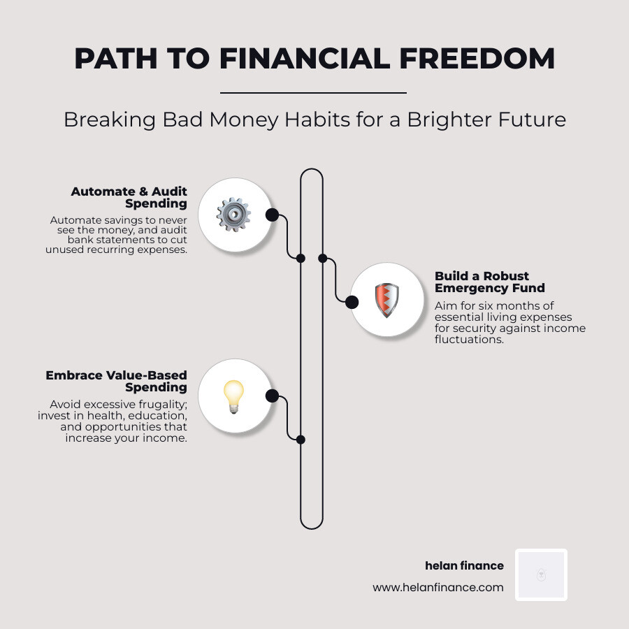 Infographic showing the path from poor money habits to financial freedom - money habits that keep you poor infographic