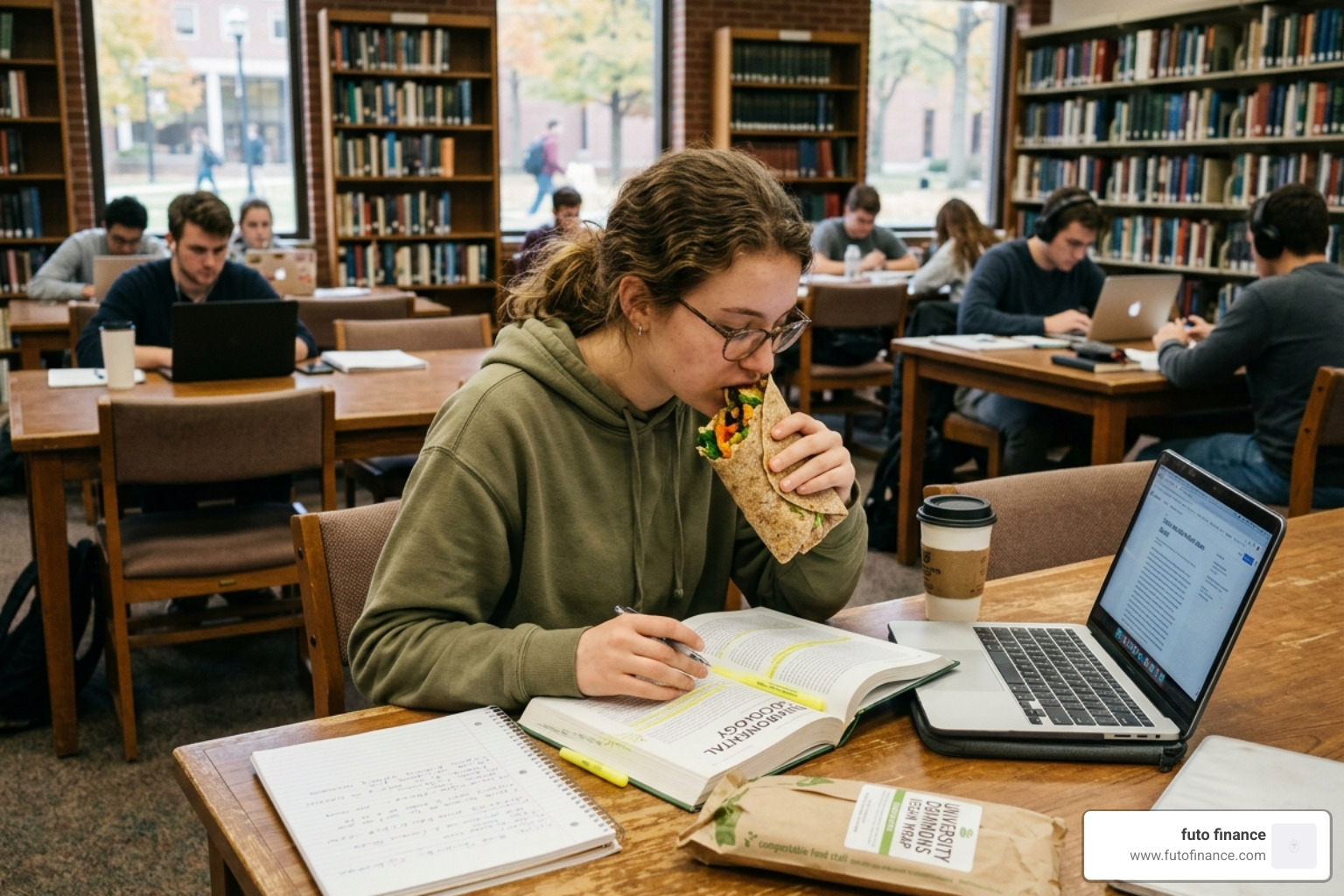 Student eating a vegan wrap while studying in a library - vegan breakfast wraps students