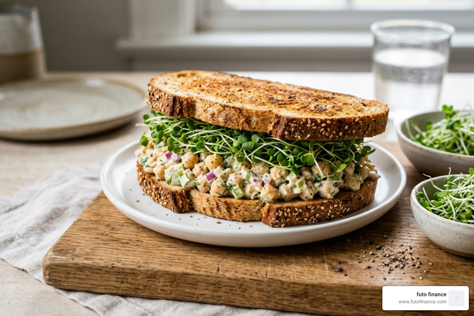 chickpea salad sandwich on toasted bread with sprouts - quick vegan lunches for work