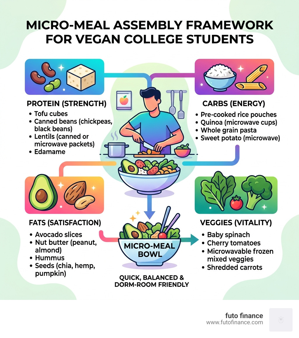 Micro-meal assembly framework for vegan college students showing protein, carb, fat, and veggie components - dorm room vegan