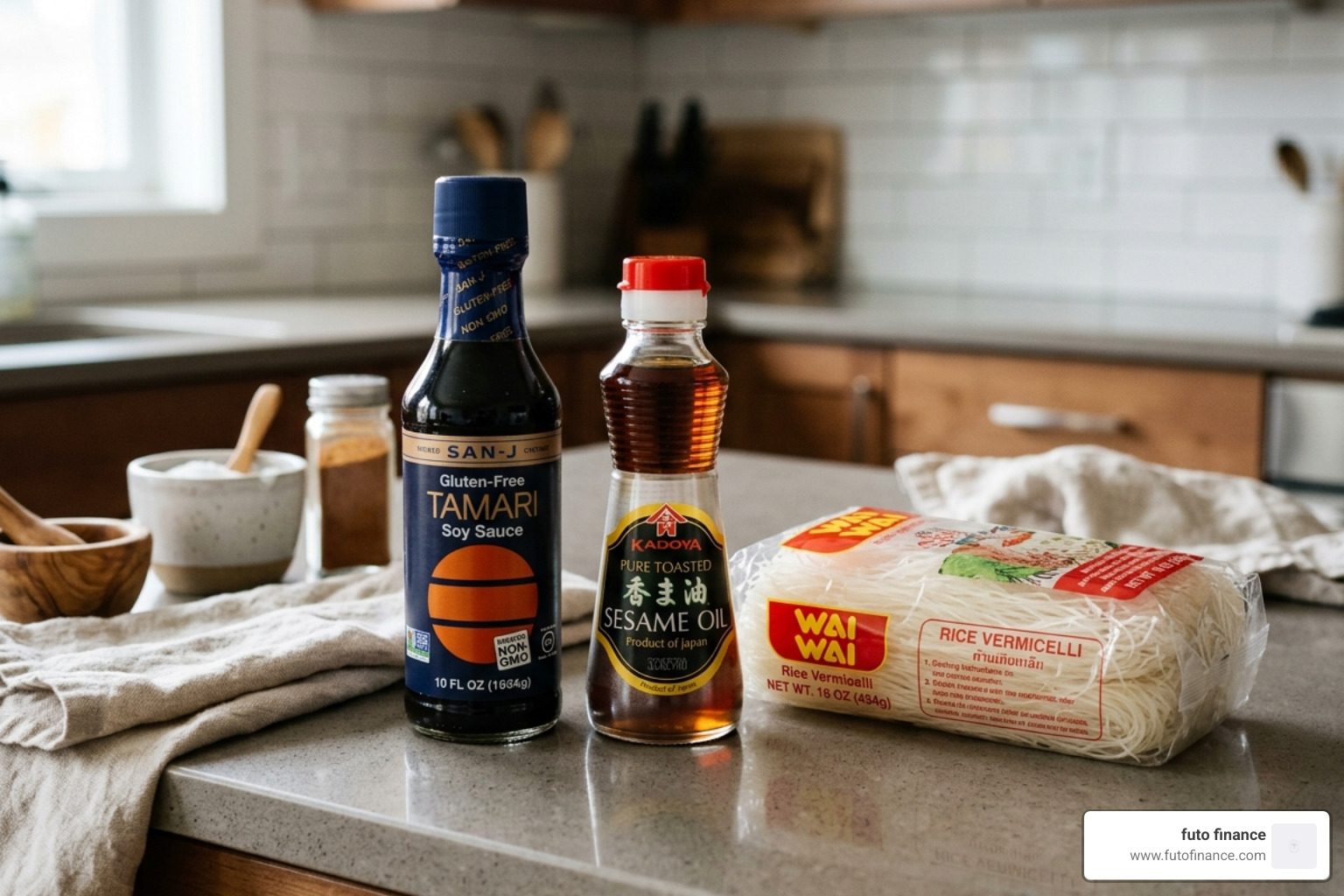 Pantry staples like tamari, toasted sesame oil, and rice vermicelli noodles - vegan rice noodle recipes