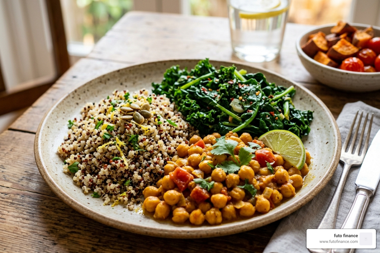 a balanced vegan plate featuring grains, greens, and legumes - quick vegan lunches for work
