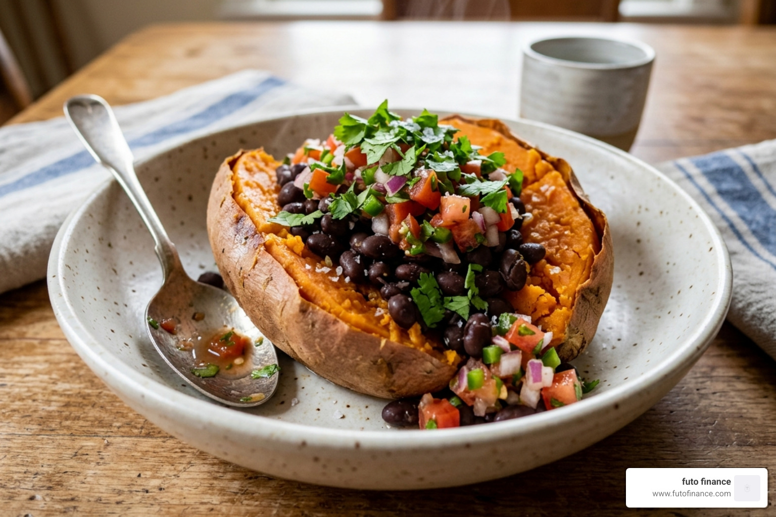 microwave-steamed sweet potato with black beans and salsa - dorm room vegan lunches