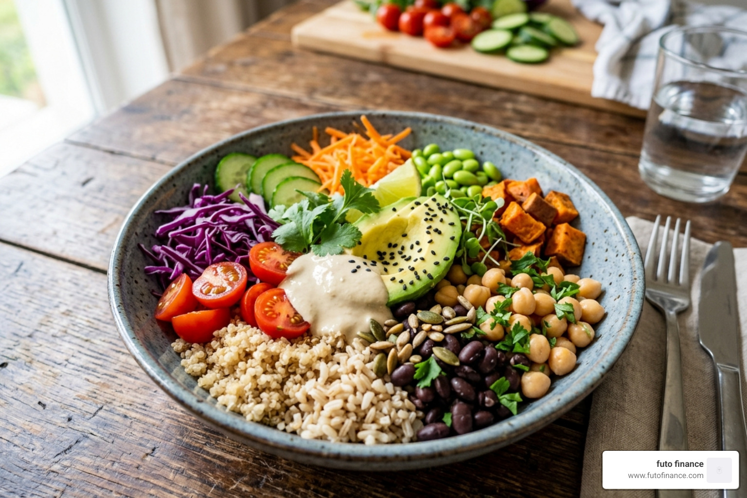 vibrant bowl of fresh vegetables, grains, and legumes - vegan diet meal plan