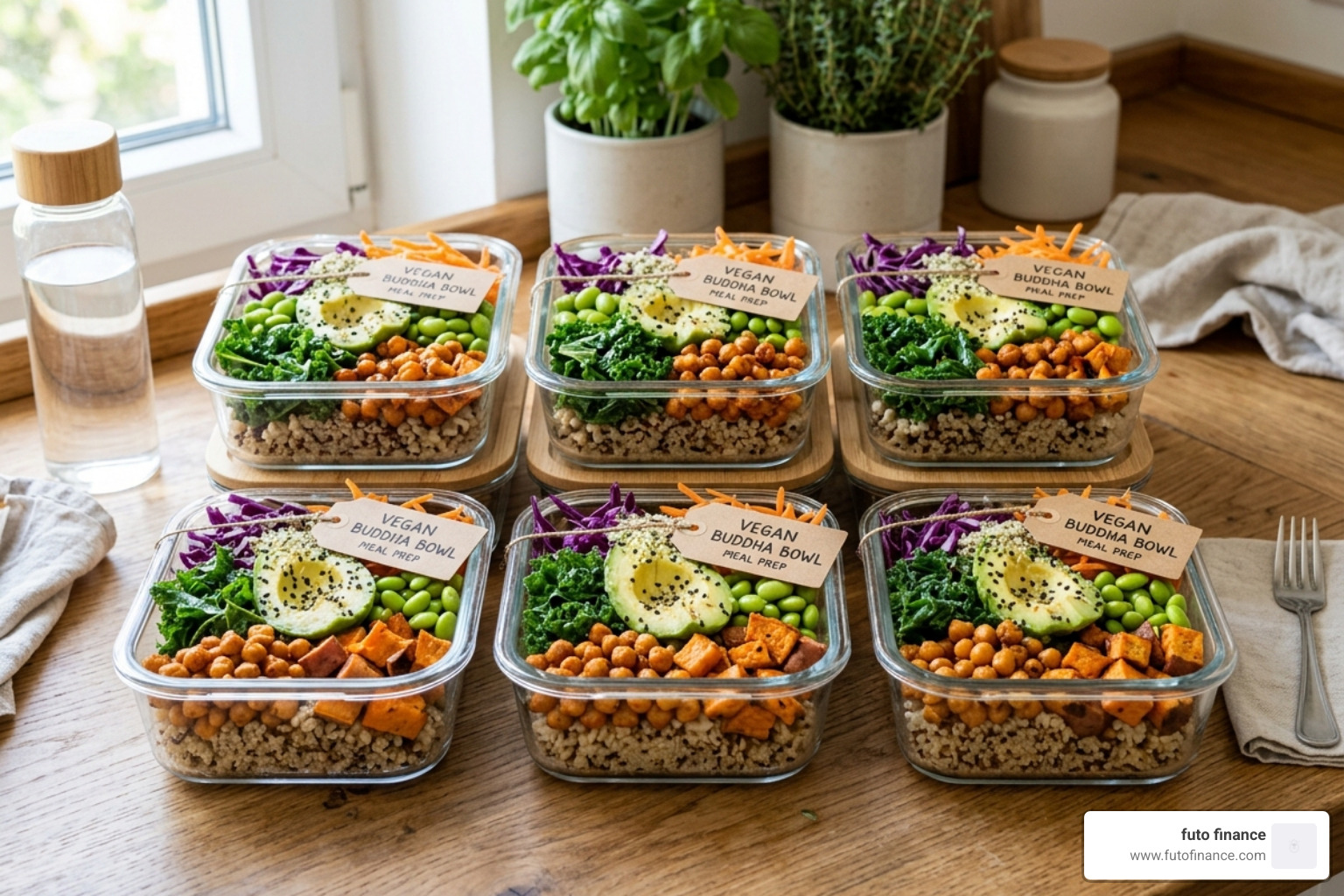 meal prepped vegan buddha bowls in glass containers - high fiber vegan recipes
