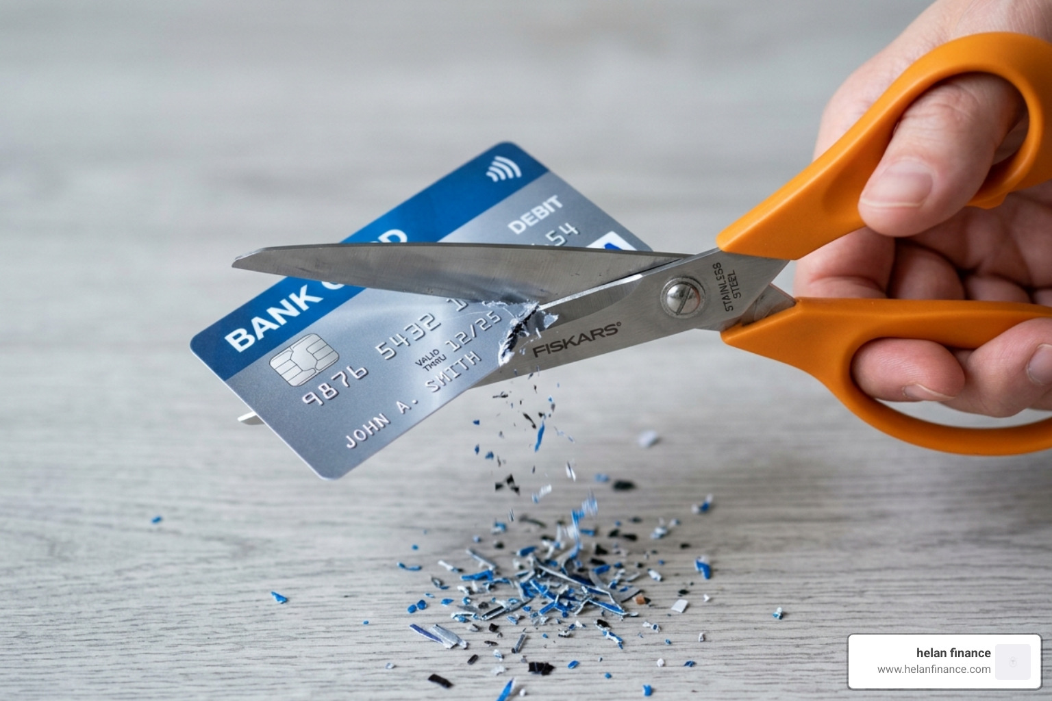 A credit card being cut in half with scissors - money habits that keep you poor