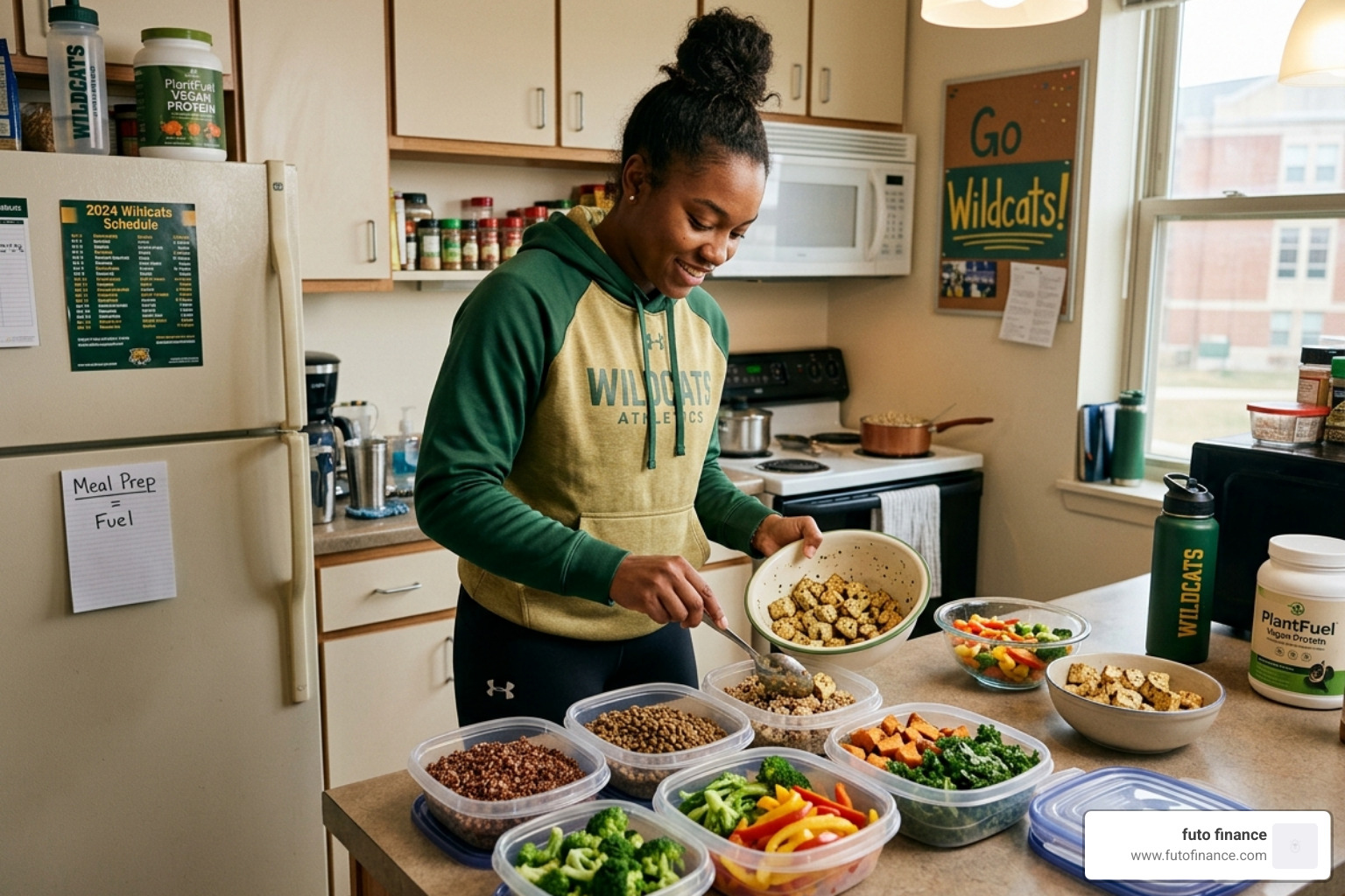 A student athlete meal prepping high-protein vegan bowls in a small kitchen - vegan high protein meal prep