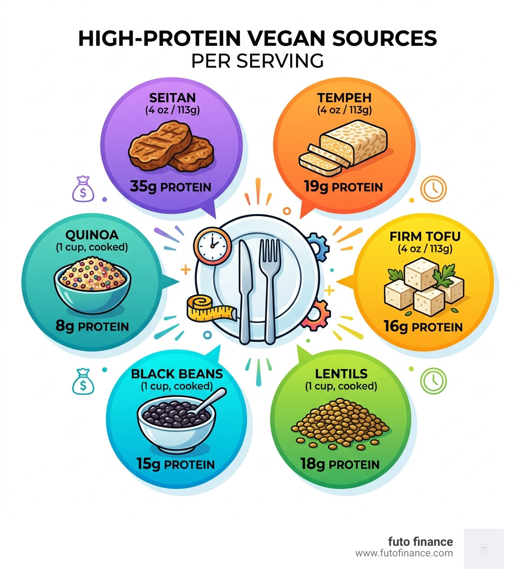 Vegan protein plate infographic showing protein grams per serving for common plant-based sources - vegan high protein meal