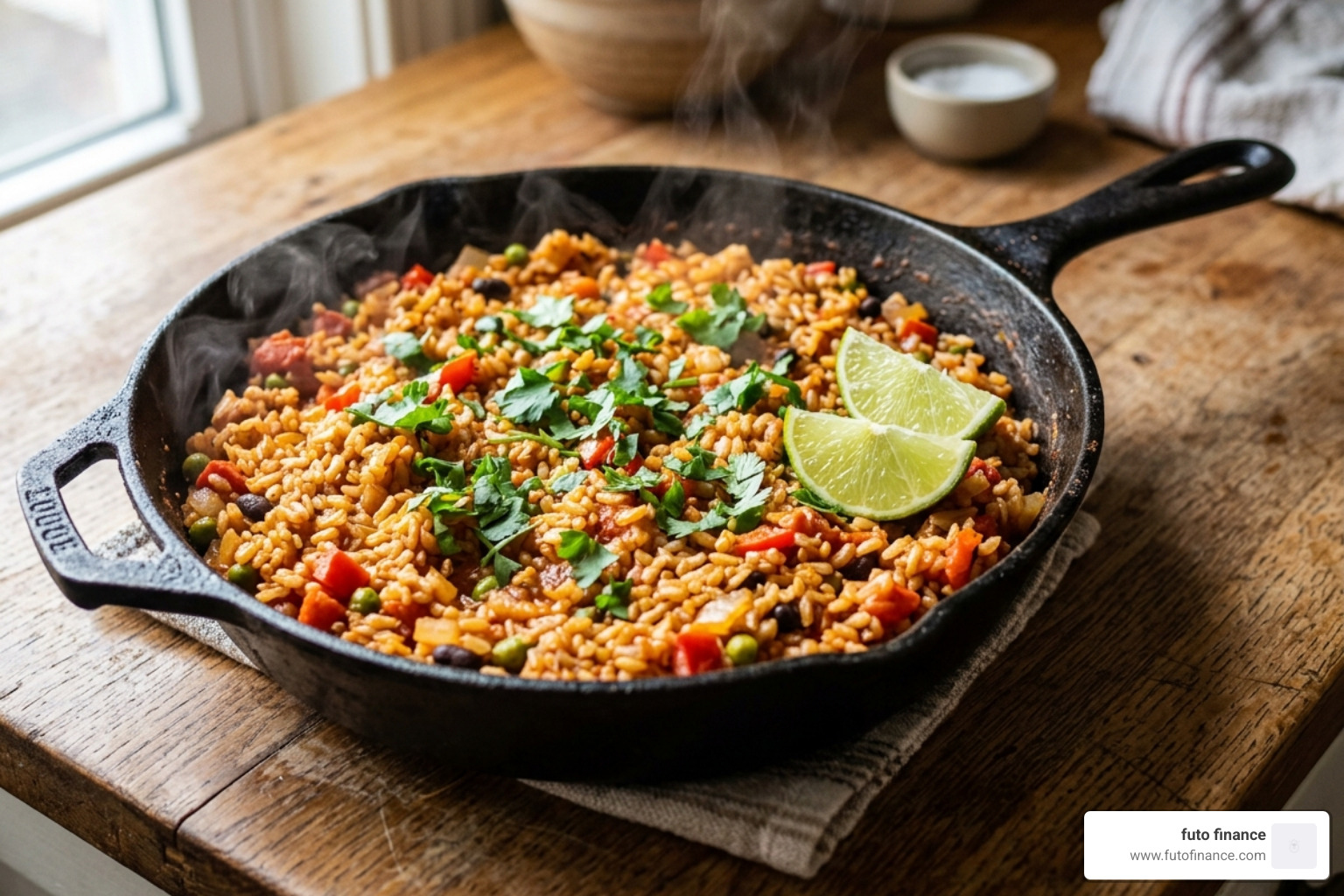 A skillet filled with vibrant Vegan Spanish Rice made with brown rice - vegan brown rice recipes