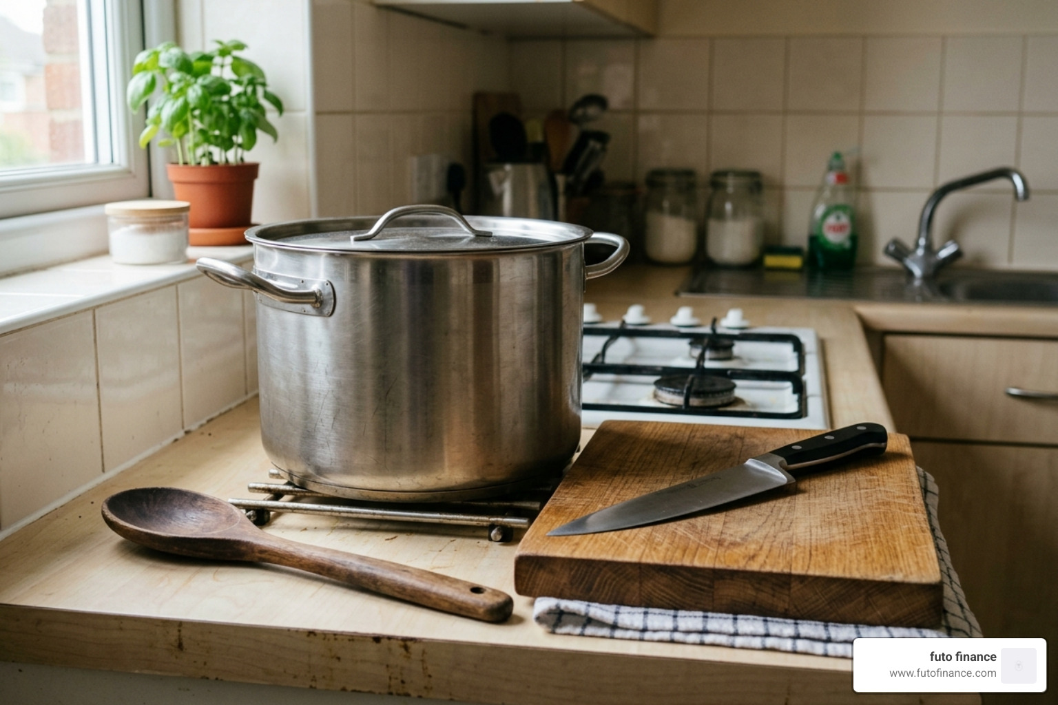 A collection of basic, affordable kitchen tools including a wooden spoon, a stock pot, and a knife - affordable student