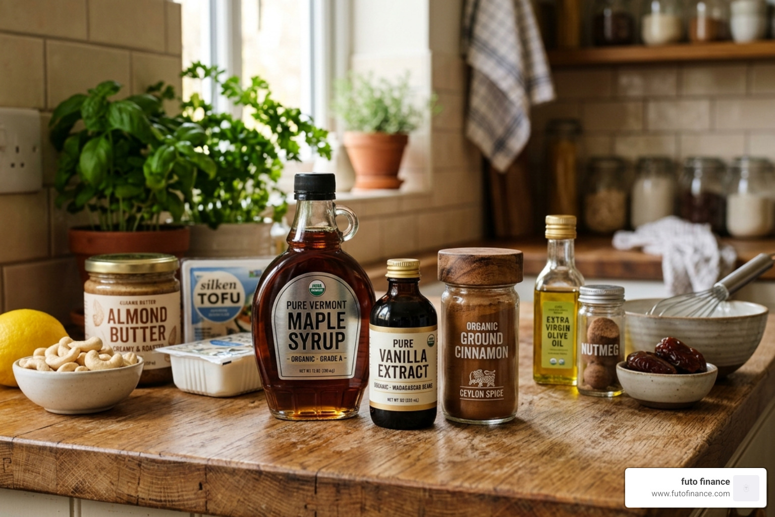 pantry staples for vegan dip including maple syrup vanilla and cinnamon - easy vegan fruit dip