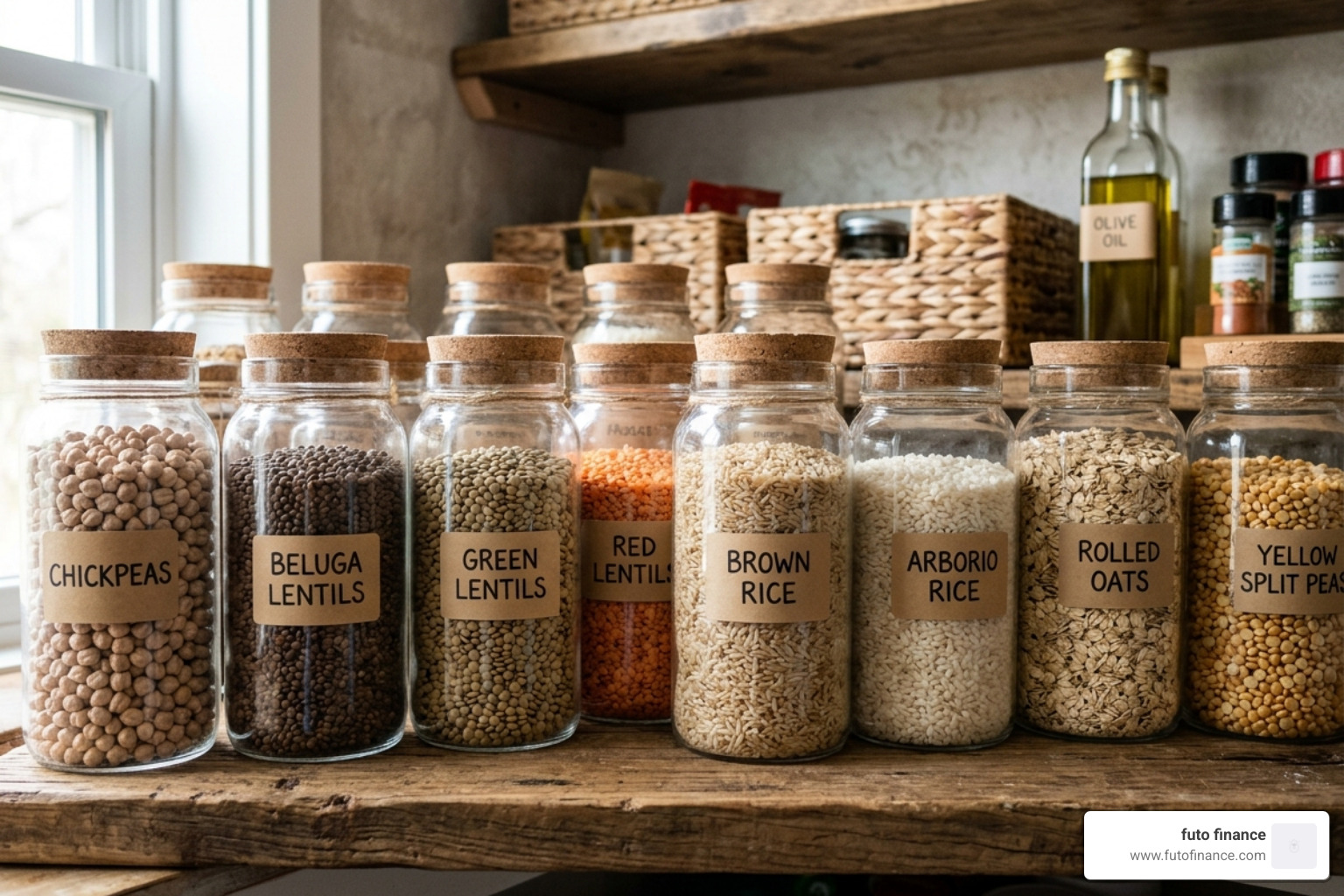 A variety of legumes and grains stored in bulk glass jars to save money - low budget vegan lunches