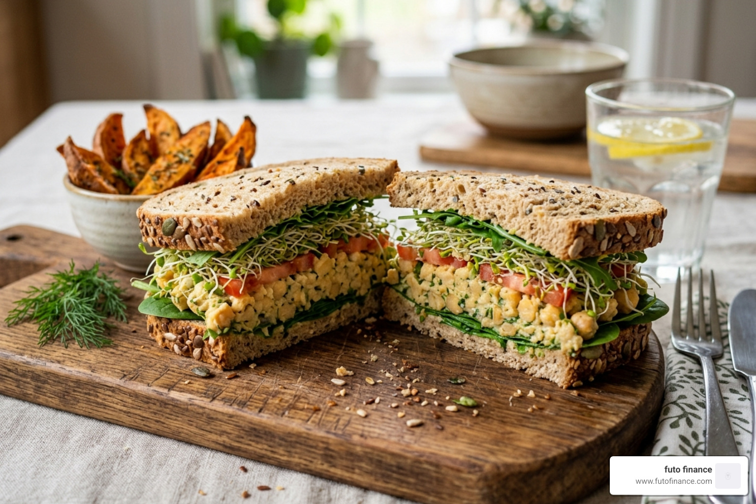 A delicious chickpea salad sandwich on thick whole grain bread with fresh sprouts - vegan lunch box recipes