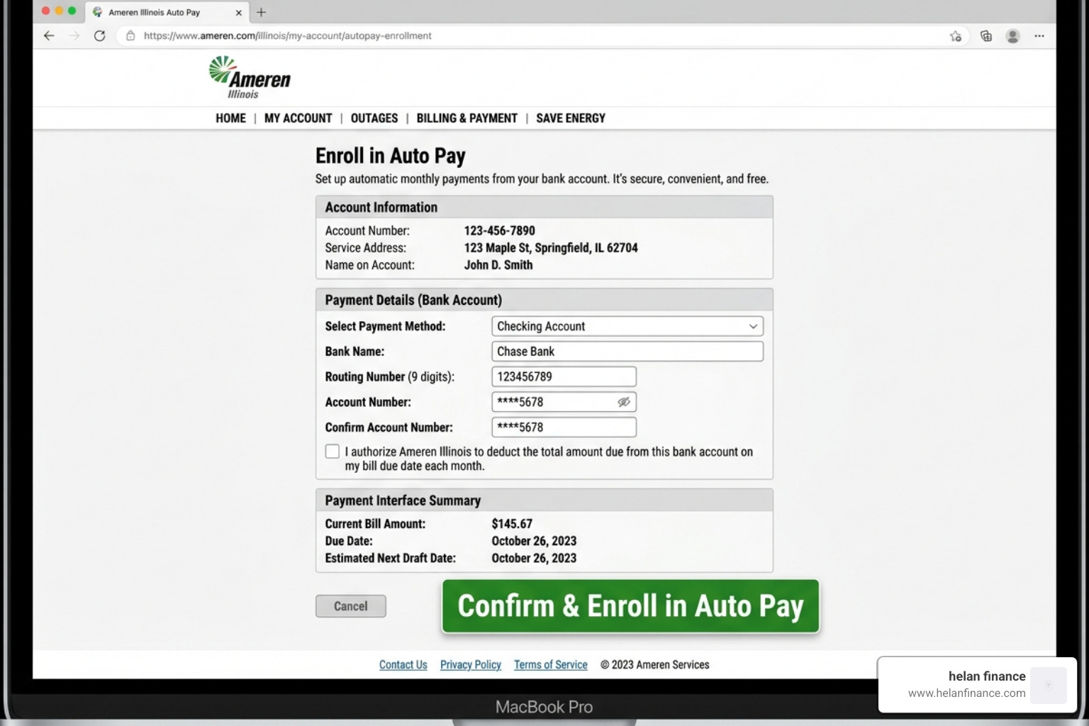 Auto Pay enrollment screen - ameren illinois bill pay
