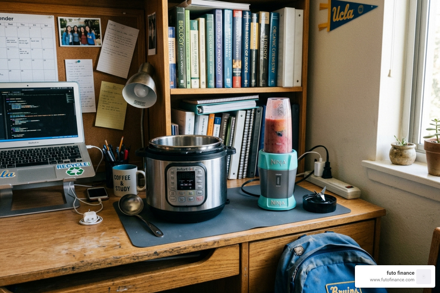 compact multi-cooker and personal blender on a dorm desk - dorm room vegan cooking