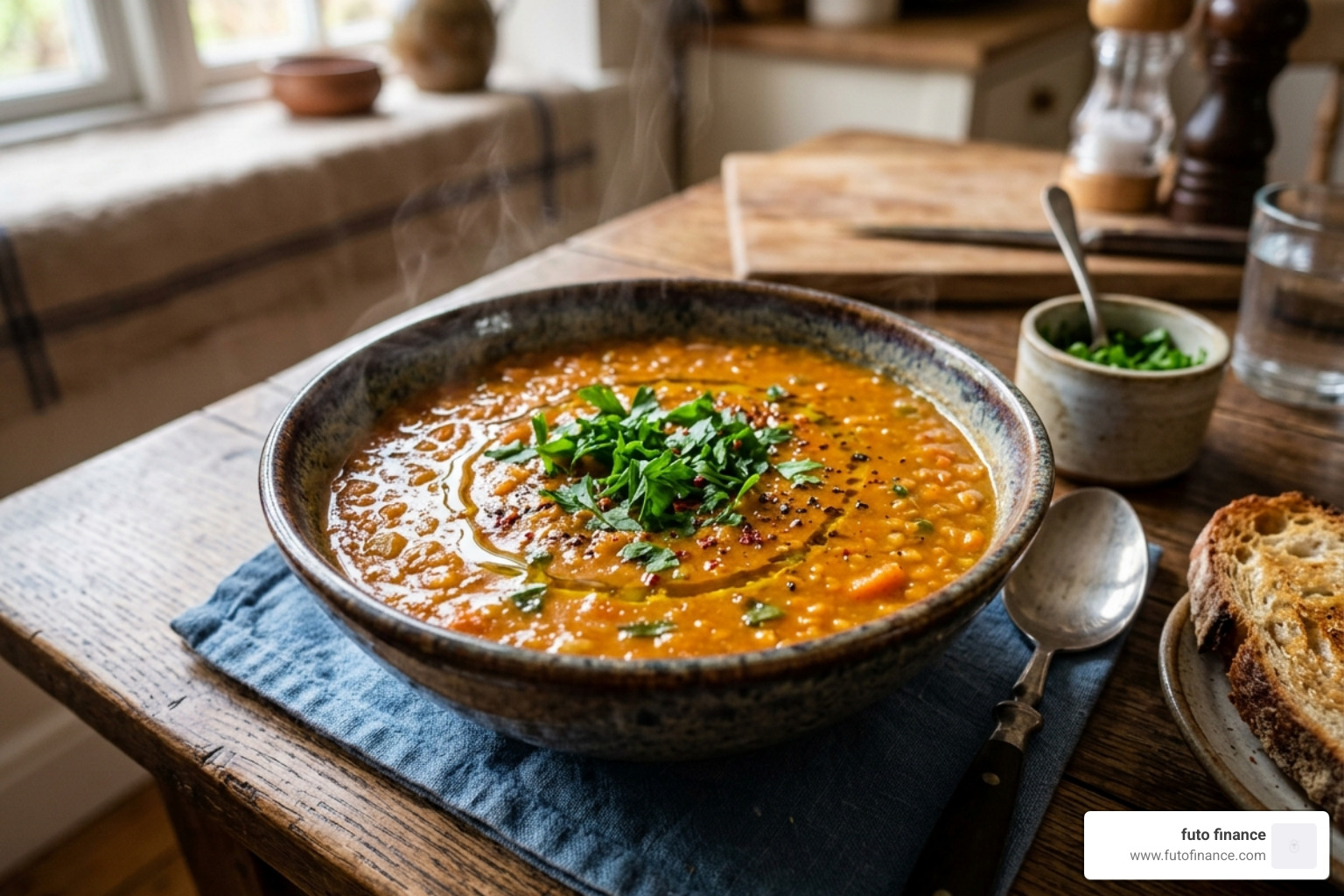 A hearty, steaming bowl of red lentil soup garnished with fresh parsley - affordable student vegan soups