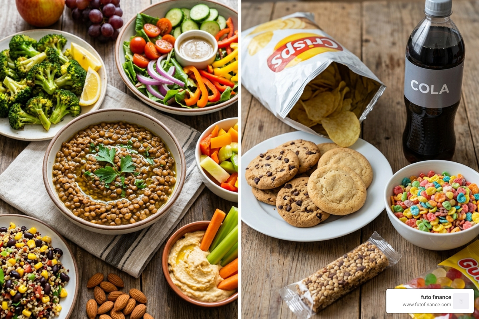 fiber rich plant based foods like broccoli and lentils vs processed snacks - high fiber vegan recipes