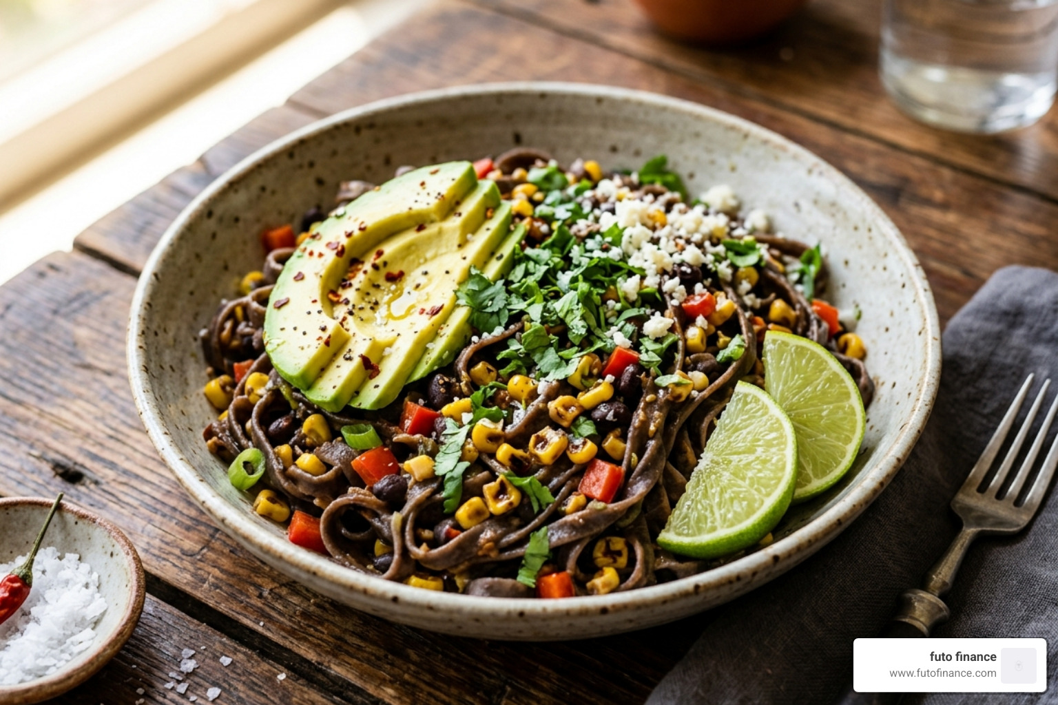 A Mexican-inspired black bean pasta dish with corn, red peppers, and sliced avocado - black bean pasta recipe vegan