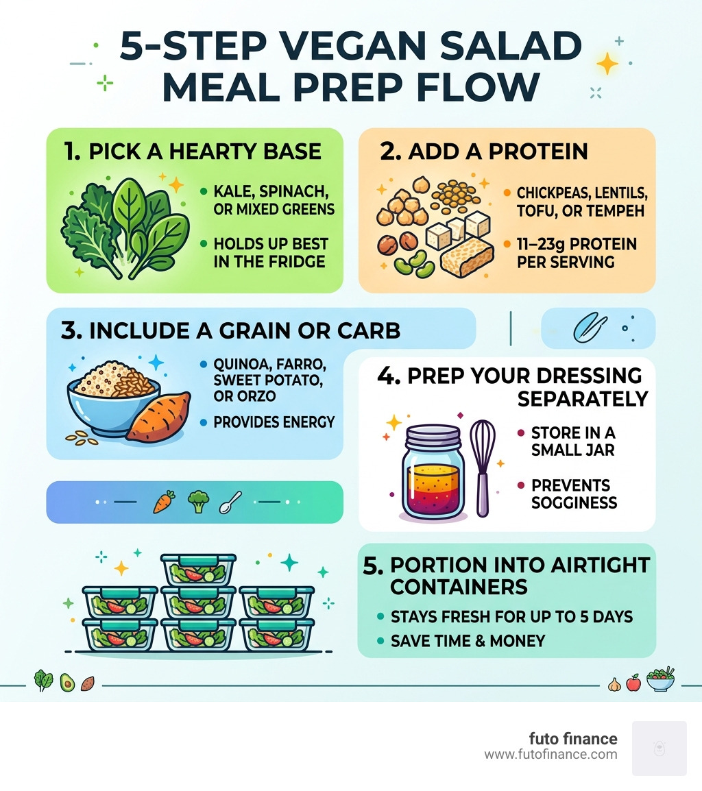 5-step vegan salad meal prep flow: base, protein, grain, dressing, storage - vegan salad meal prep infographic 