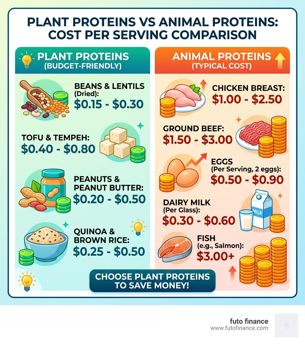 Infographic comparing cost per serving of plant proteins vs animal proteins for budget vegan cooking - vegan recipes cheap