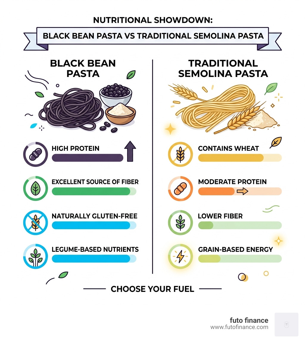 Black bean pasta nutrition vs traditional semolina pasta infographic - black bean pasta vegan recipe infographic 