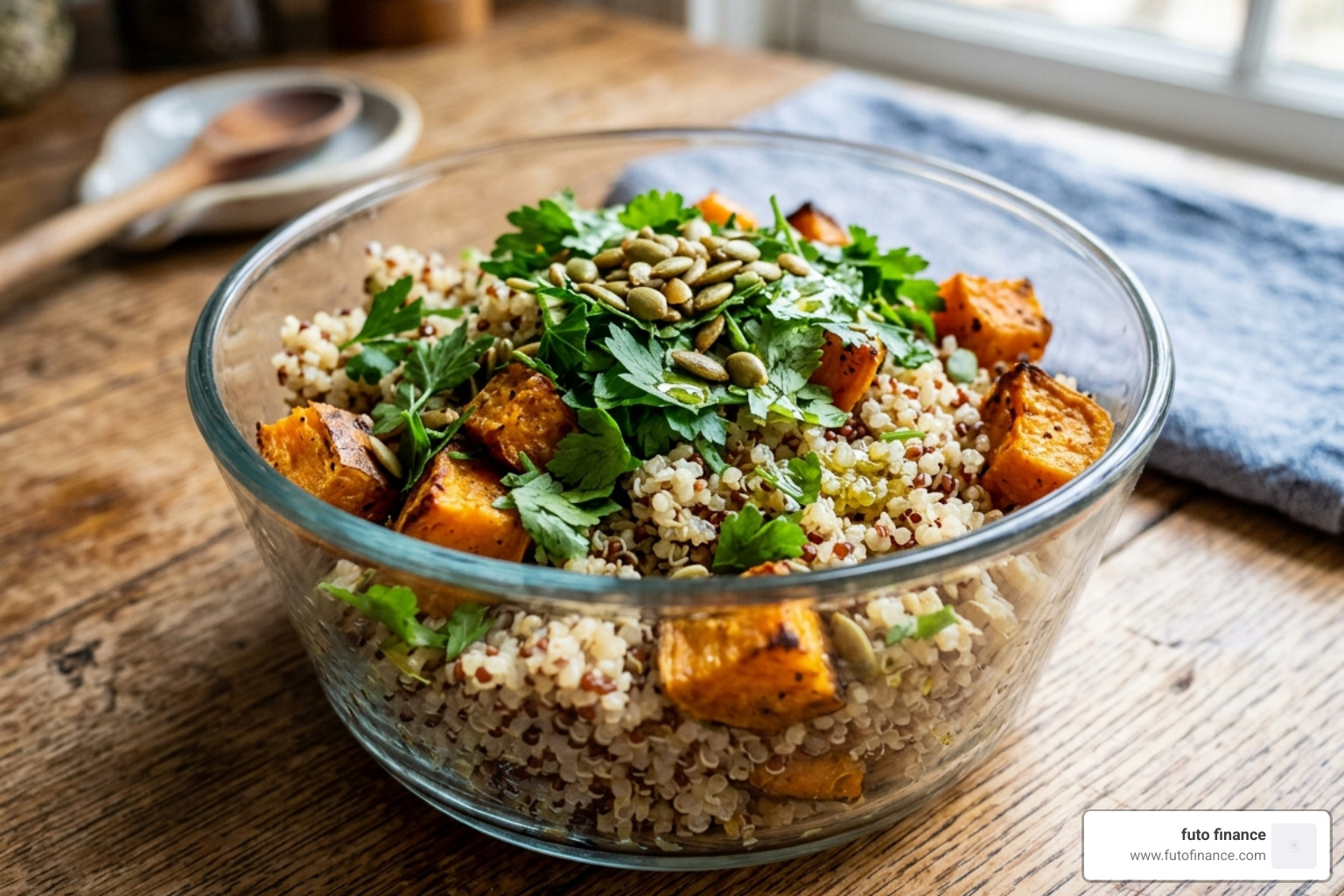 roasted sweet potatoes and quinoa in a meal prep bowl - vegan salad meal prep