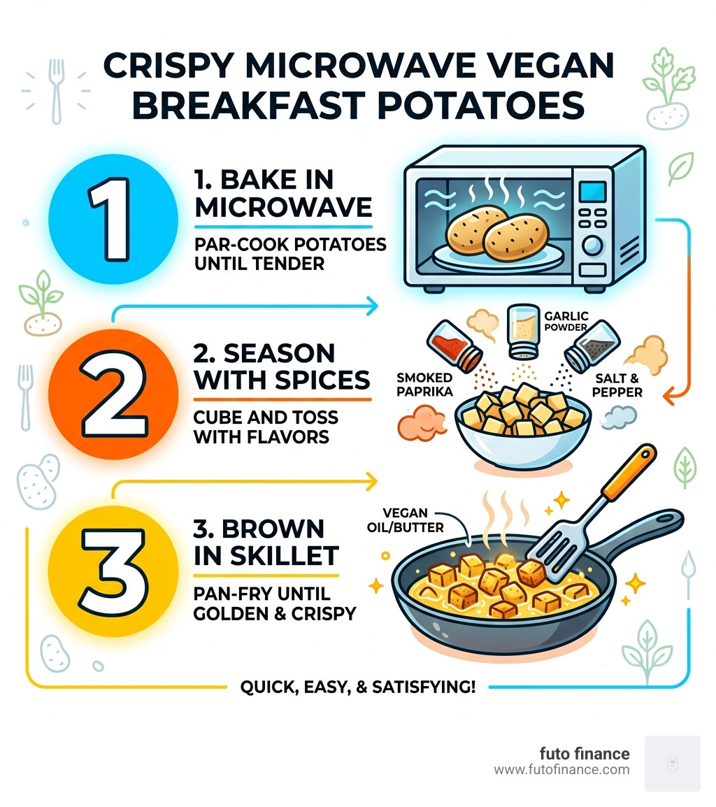 3-step infographic: Bake in microwave, Season with spices, Brown in skillet for crispy vegan breakfast potatoes - microwave