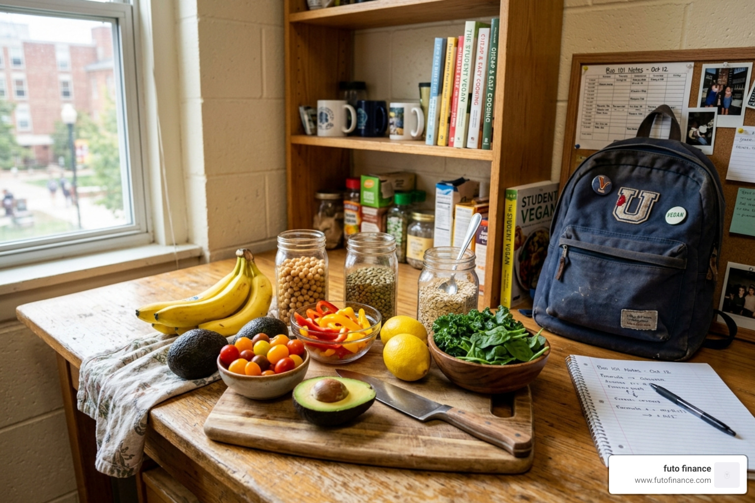 colorful vegan ingredients for university students - easy vegan recipes university