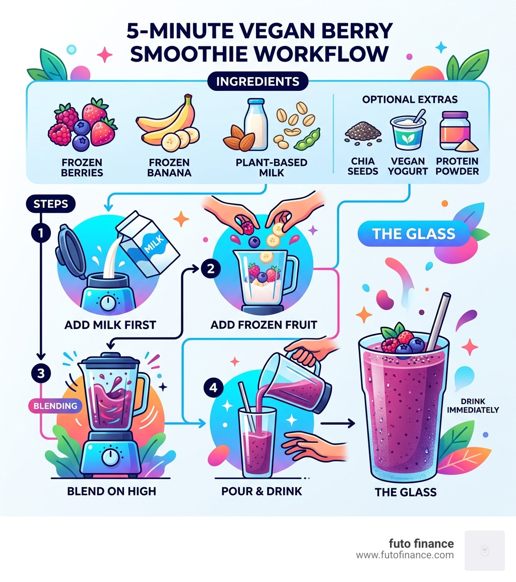 5-minute vegan berry smoothie workflow from ingredients to glass - healthy vegan berry smoothies infographic 