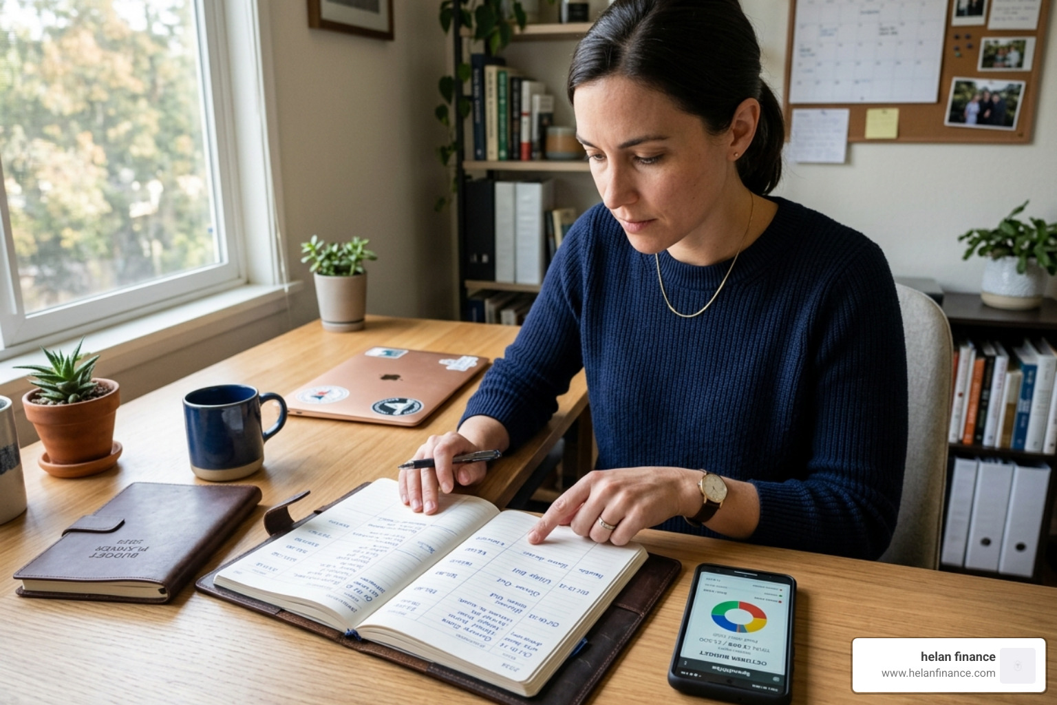 A person comparing a leather-bound paper budget planner next to a smartphone app - best weekly budget planner