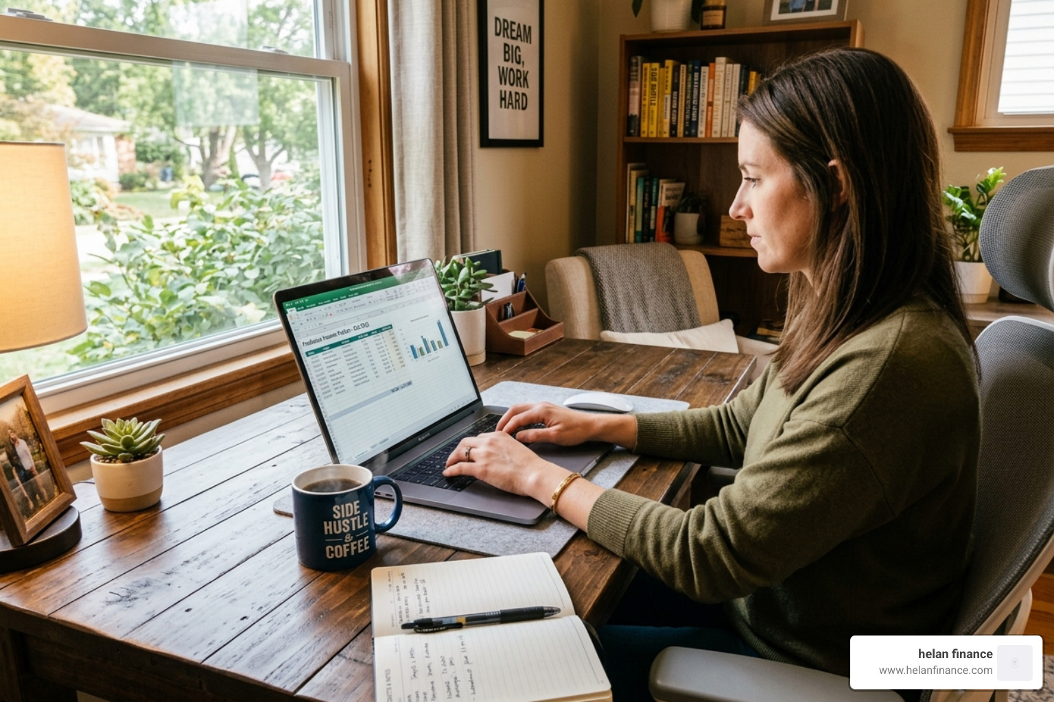 side hustle workspace with laptop and coffee representing extra income generation - debt free in one year