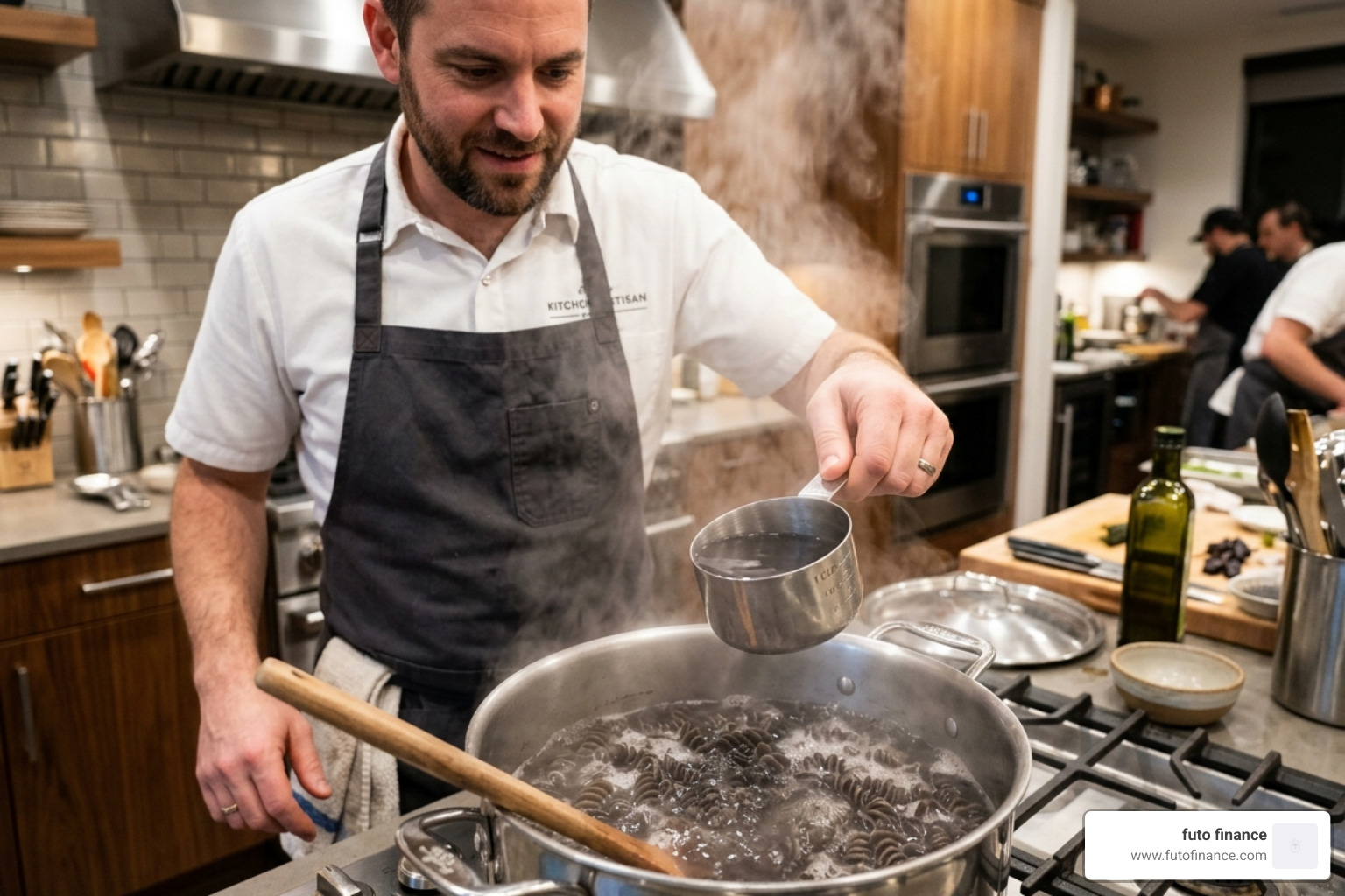 chef reserving starchy pasta water with a measuring cup - black bean pasta vegan recipe
