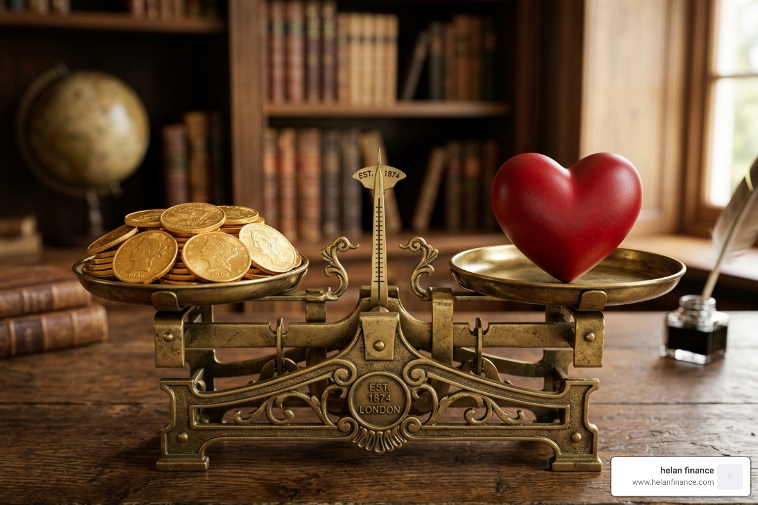a classic balance scale with coins on one side and a heart on the other - financial planning tips for beginners