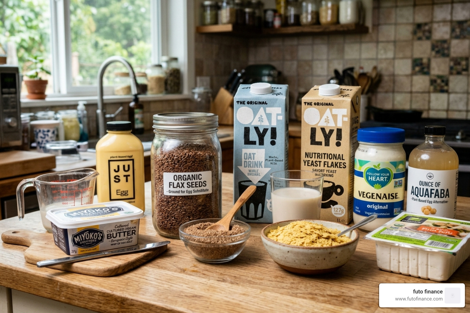 common vegan egg and dairy substitutes like flax seeds, plant milk, and nutritional yeast - simple vegan cooking tips